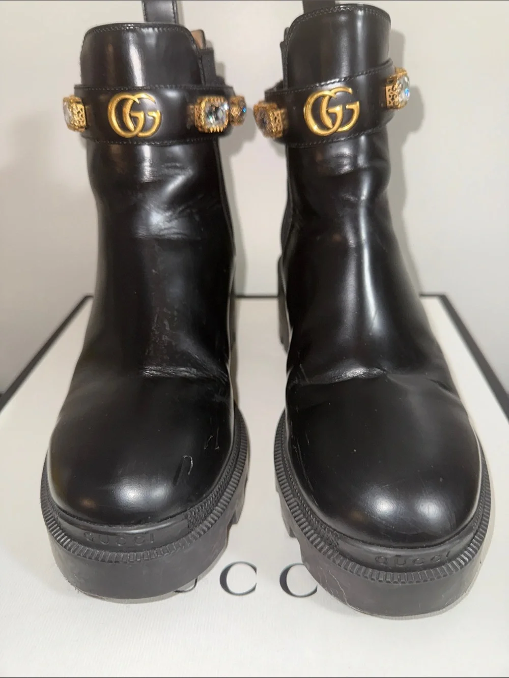 Gucci Black Leather Ankle Boots with Gold GG Logo Strap Vintage BBordeau